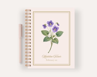 Personalized February Birth Flower Notebook, Birthday Gift Violet Spiral Journal, Custom Name Stationery