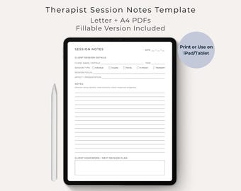 Therapist Session Notes Template, Printable & Fillable PDF, Letter + A4