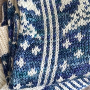 Pu&ograve; includere: Primo piano di un tessuto a maglia con un motivo blu e bianco. Il tessuto &egrave; piegato, mostrando il lato inferiore bianco.