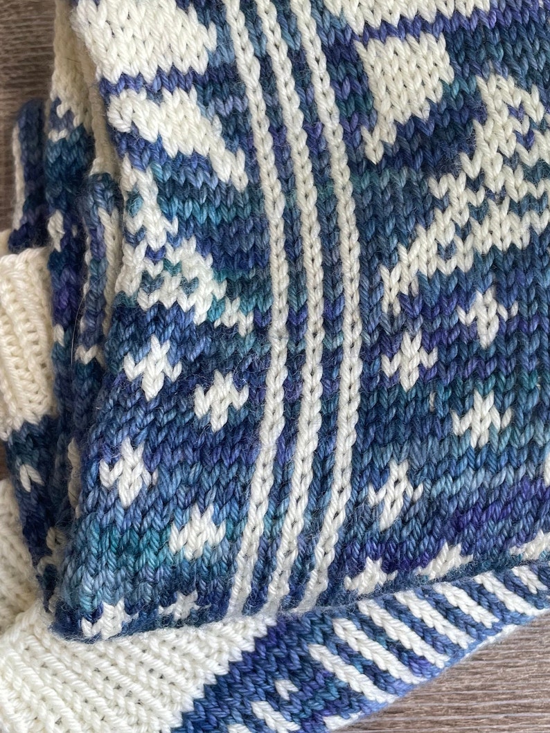 Pu&ograve; includere: Primo piano di un tessuto a maglia con un motivo blu e bianco. Il tessuto &egrave; piegato, mostrando il lato inferiore bianco.