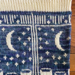 Pu&ograve; includere: Una coperta di maglia con un motivo blu e bianco con lune, stelle e tazze. La coperta ha un bordo bianco.