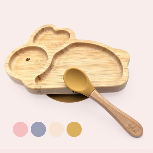 Ensemble d'assiettes à ventouses en bambou pour bébé + cuillère (lapin) en boîte | Cadeau de bébé nouveau-né | Cadeau de sevrage | Cadeau enfant | Cadeau de douche de bébé