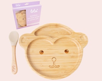 Bamboo Baby Suction Plate Set + Spoon (Monkey) | Boxed Newborn Baby Gift | Weaning Gift | Child Gift