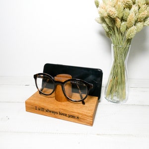 Personalised Handmade Solid Oak Night Stand Glasses Phone Docking Storage Desk Display Holder Custom valentines