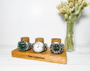 Triple Watch Stand - Personalised Handmade Solid Oak Timepiece Christmas Gift - Boyfriend Girlfriend - Anniversary Valentines His Hers 30th