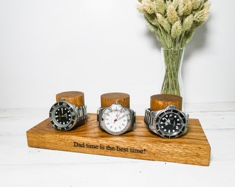 Personalised Solid Oak Triple Watch Display Stand - free personalisation - Gift For Dad Grandad Father’s Day Engraved Personalized him 30th