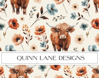 Highland Cow Seamless Pattern, Watercolor Floral, Farm Animal (Digital Download)