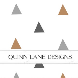 May include: A seamless pattern featuring grey, brown, and black triangles on a white background. The text "QUINN LANE DESIGNS" is centred at the bottom of the image.