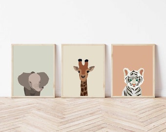 Babydierenprints, giraffe, olifant, tijger, kinderkamerdecoratie (digitale download)