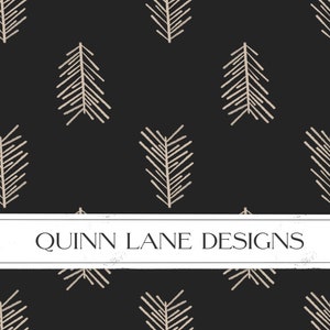 May include: A seamless pattern featuring a repeating design of stylized pine needles in a light beige color on a black background. The text "QUINN LANE DESIGNS" is centered at the bottom of the image.