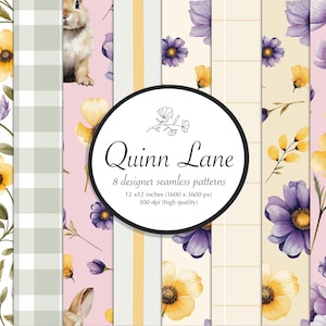 Peut inclure: Huit motifs sans couture de créateur avec des motifs floraux de fleurs jaunes et violettes, un motif vichy et un lapin. Le texte sur l'image indique "Quinn Lane" et "12 x 12 pouces (3600 x 3600 px) 300 dpi (haute qualité)".