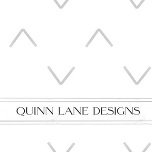 May include: A white background with a repeating pattern of gray chevron shapes. The text "QUINN LANE DESIGNS" is centered in a black rectangle.