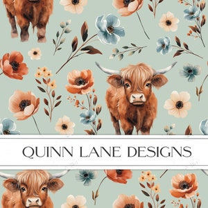 Padrão sem costura de vaca fofa bebê Highland, flores estilo aquarela, animais de fazenda, vaca difusa, padrão de repetição, padrões modernos, uso comercial