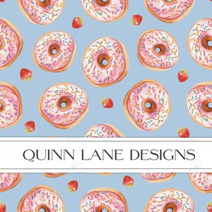 Sprinkled Donut Seamless Pattern, Cute Pink Donut Pattern, Blue Background, Donuts, Commercial Use, Fabric Printing Design, Digital Download