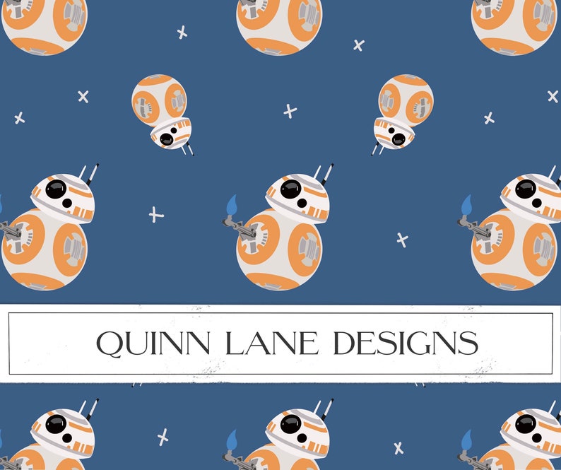 May include: A blue background with a repeating pattern of white, orange, and gray robot characters. The text "QUINN LANE DESIGNS" is centered at the bottom of the image.