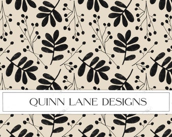 Neutral Foliage Seamless Pattern, Black and White Leaves (Digital Download)