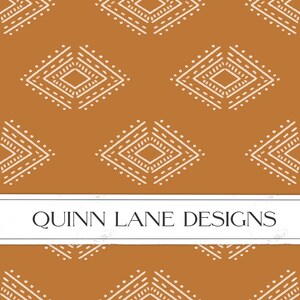 May include: A seamless pattern featuring white geometric diamond shapes on a brown background. The text "QUINN LANE DESIGNS" is centered at the bottom of the image.