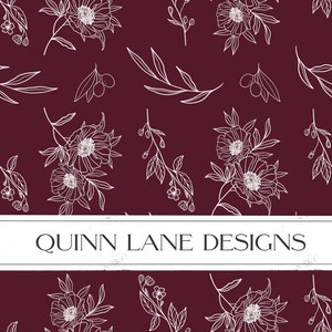 May include: A seamless pattern featuring white line drawings of flowers and leaves on a burgundy background. The text "QUINN LANE DESIGNS" is centred in a white rectangle.