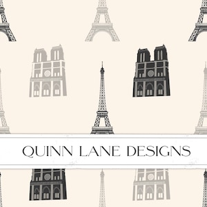 Elegant Paris seamless pattern, black and white Paris France, Eiffel Tower, Notre Dame, Fabric Design, Wallpaper Design, Commercial Use