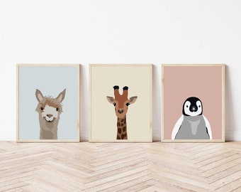 Babyalpaca, giraffe, pinguïnprints, minimalistische kinderkamerdecoratie (digitale download)