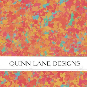May include: Abstract digital art print with a colorful splatter pattern in shades of orange, yellow, pink, and blue. The print features the text "QUINN LANE DESIGNS" in a white rectangle.