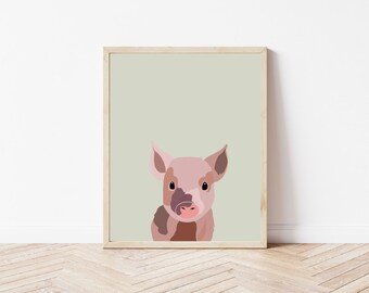 Theekopje varken kinderkamer kunstafdrukken | Minimalistisch decor boerderijdieren (digitale download)