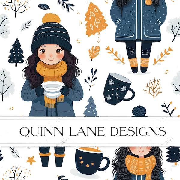 Winter Seamless Pattern, Girl Holding Cup of Coffee, Surface Pattern, Cozy Seamless Pattern, Commercial Use, Tree, Scarves, Digital Download