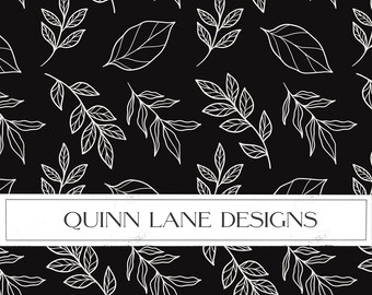 Black and White Leaves Seamless Pattern, Elegant Foliage Design (Digital Download)
