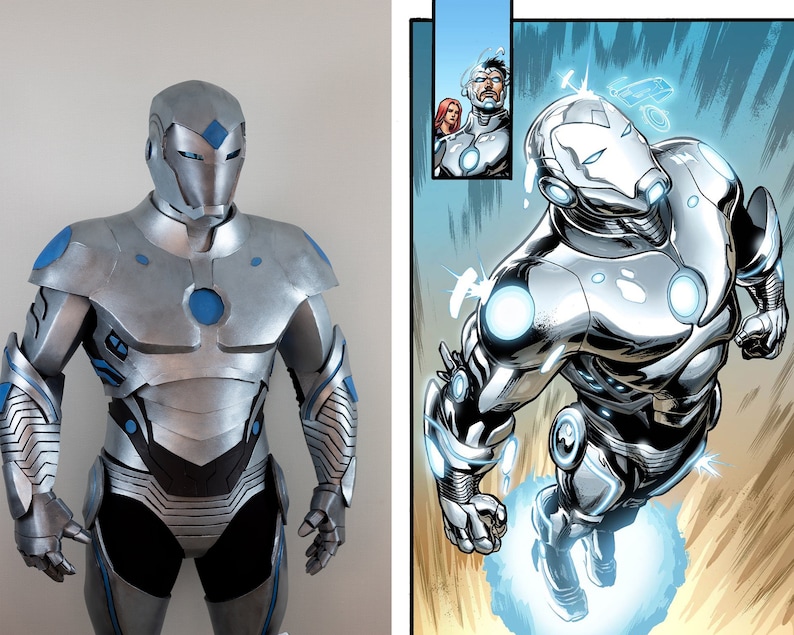 May include: A silver and blue Iron Man costume, featuring a helmet, chest plate, and articulated limbs. The costume has blue accents and a sleek, metallic finish. A comic book panel shows a similar Iron Man figure in flight.