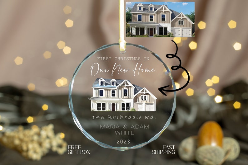Personalized New Home Photo Ornament, Custom watercolor House Address Ornament, Housewarming Gift, Realtor Client Gift,Couples Home Ornament image 1