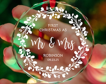 Custom First Christmas Ornament: Clear Glass Mr & Mrs Keepsake
