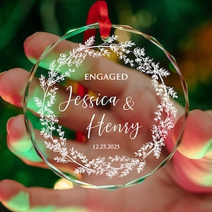 Custom First Christmas Engaged Ornament: Clear Glass Keepsake Gift