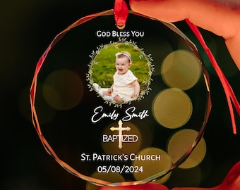 Personalized God Bless Christening Ornament, Baby Baptized Ornament, Christened Keepsake, Catholic Cross Baby Baptism Gift, Godparents Gift
