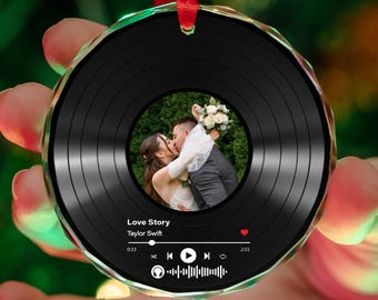 Custom Song Photo GLASS Ornament, Couple Song Ornament, Smart Ornament, Song Plays on Phone Scanned, Enjoy the Moment, Double Side