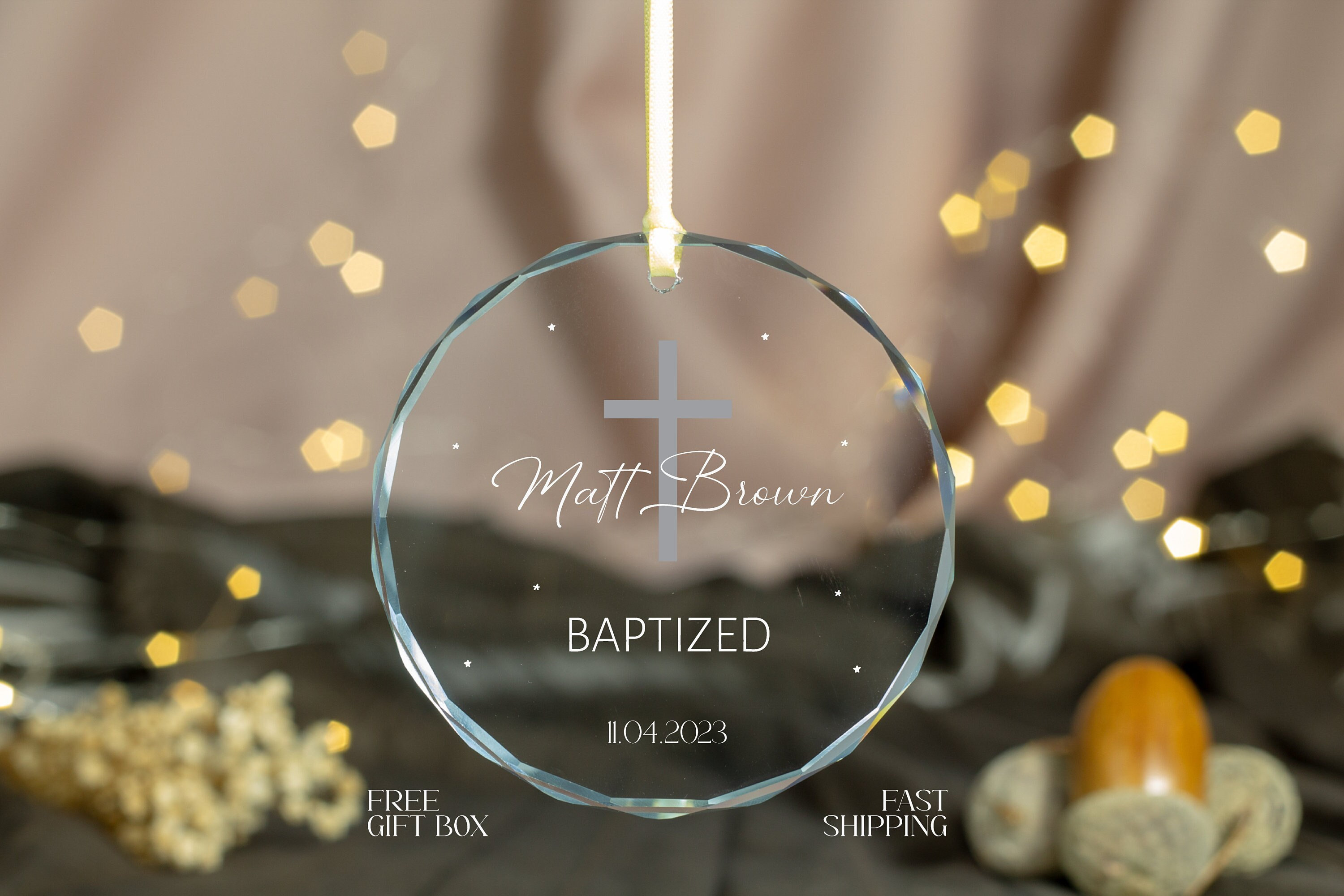 Personalized God Bless Christening Ornament, Baby Baptized Ornament, Christened Keepsake, Catholic Cross Baby Baptism Gift, Glass or Ceramic