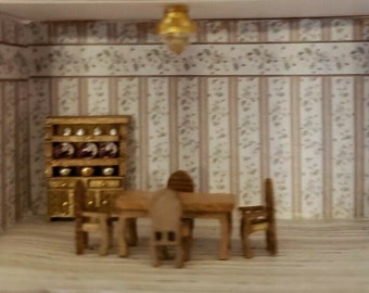 1/144th Scale Dollhouse Miniature Dining Room Set / China Cabinet w/Plates /Glasses and bowls and even a chandelier