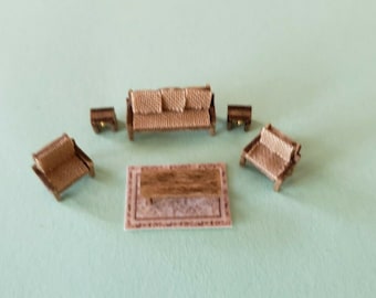 Dollhouse Miniature 1:144 Scale Country Style Living Room FULLY ASSEMBLED w/RUG