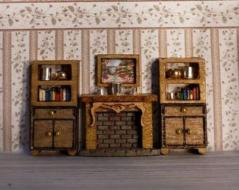 Dollhouse Miniature 1:144 Scale Wall Unit Bookcases w Books Fireplace & Painting