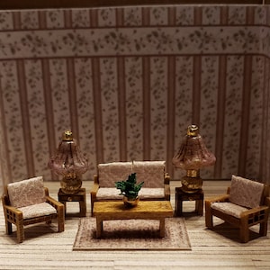 Dollhouse Miniature 1:144 Scale Living Room FULLY ASSEMBLED w/ Rug, Lamps /Plant