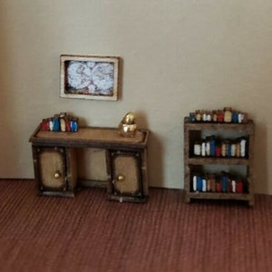 Dollhouse Miniature 1:144 Scale Desk with working doors, Chair, Book Shelf with books, Framed World Map Hanging Picture, "ASSEMBLED"