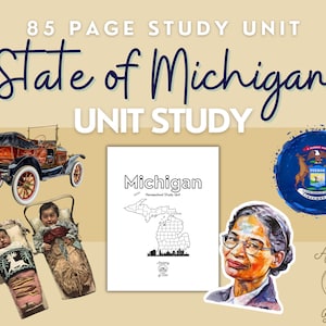 May include: An 85-page study unit for the state of Michigan. The unit includes a map of Michigan, a picture of an old car, two babies in traditional clothing, a portrait of a woman, and the state seal of Michigan.