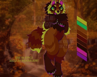 May include: Digital illustration of a brown and yellow raccoon-like creature with a pink tongue sticking out. The creature has a green eye and is standing on a brown background with a color palette of brown, yellow, green, and purple.