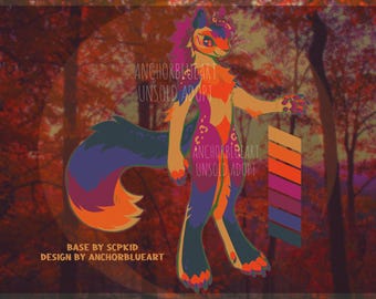 May include: A digital artwork of a furry character with a fox-like design, featuring a vibrant palette of purple, orange, and blue. The image includes the text "ANCHORBL HEART UNSOLD ADOPT". The base design is by SCPKID and the design is by ANCHORBLUEART.