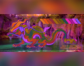 May include: A colorful illustration of a dragon with orange, green, and purple scales. The dragon has a long, serpentine body and is set against a blurred background. Text includes "ANCHORBLUEART UNSOLD ADOPT" and "BASE BY HONEYBEEBEST DESIGN BY ANCHORBLUEART".