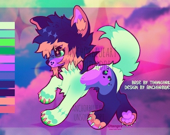 May include: A digital illustration of a cartoon dog with a purple, green, and blue color scheme. The dog has a fluffy tail and a star-shaped pattern on its fur. The background is a gradient of pink, purple, and blue.