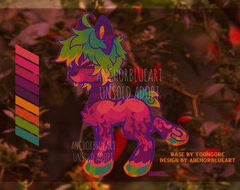 May include: Digital illustration of a pink and purple creature with green hair. The creature has a colourful design and is standing on a green and yellow base. The text "ANCHORBLUEART UNSOLD ADOPT" is written on the image. The text "BASE BY TOONGORE DESIGN BY ANCHORBLUEART" is also written on the image.