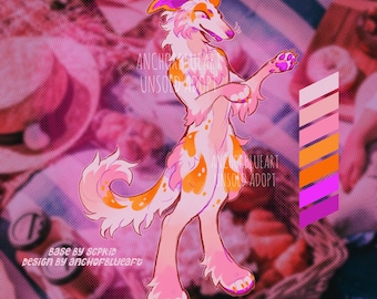 May include: A digital illustration of a canine-like creature in shades of pink, orange, and white. The creature is standing upright with its paws raised. The image includes text that reads "ANCHORBLUEART UNSOLD ADOPT" and "BASE BY SCPKID design by anchorblueart."