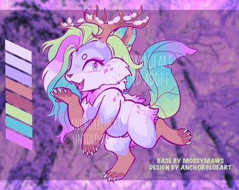 May include: A digital illustration of a fantasy creature with a deer-like antler design, featuring a color palette of purple, pink, green, and blue. The creature has a fluffy body and a playful expression. Text includes "ANCHORBLUEART UNSOLD ADOPT" and "BASE BY MOSSYMAWS DESIGN BY ANCHORBLUEART".