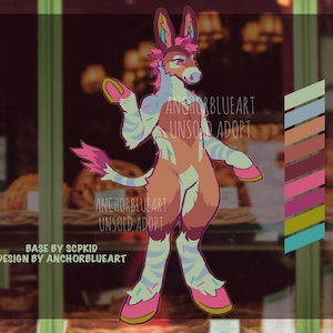 May include: A digital illustration of a cartoon donkey-like creature with a pink and brown color scheme. The creature has striped limbs, pink hooves, and a pink tail. Text on the image reads "ANCHORBLUEART UNSOLD ADOPT" and "BASE BY SCPKID DESIGN BY ANCHORBLUEART."