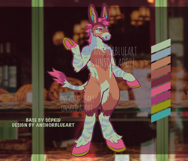 May include: A digital illustration of a cartoon donkey-like creature with a pink and brown color scheme. The creature has striped limbs, pink hooves, and a pink tail. Text on the image reads "ANCHORBLUEART UNSOLD ADOPT" and "BASE BY SCPKID DESIGN BY ANCHORBLUEART."